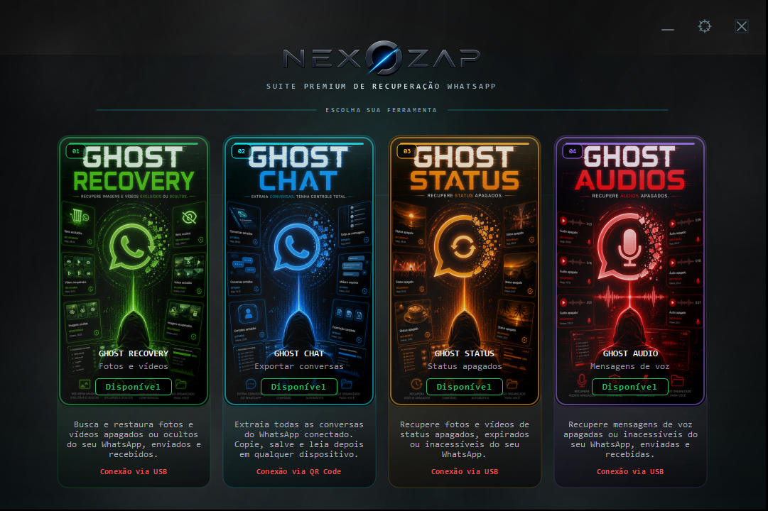 Painel principal do NEXOZAP com as 4 ferramentas Ghost